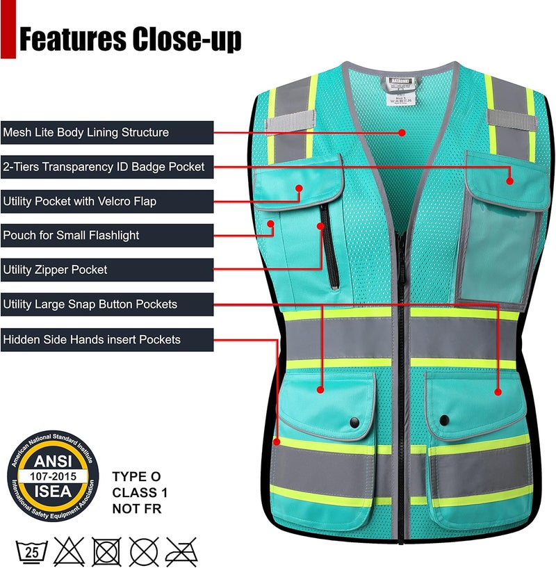 HATAUNKI High Visibility Reflection Peacock Mesh Safety Vests with 9 Pockets and Front Zipper, hi vis safety vest for Women, Meets ANSI/ISEA Standards(Peacock-16,XL) - Image 3